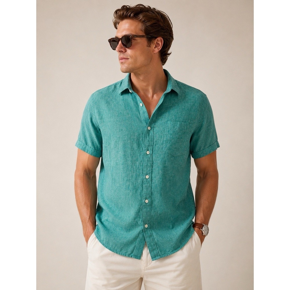Marc Anthony Linen Blend Shirt Mens M Teal Resort Preppy Coastal Button